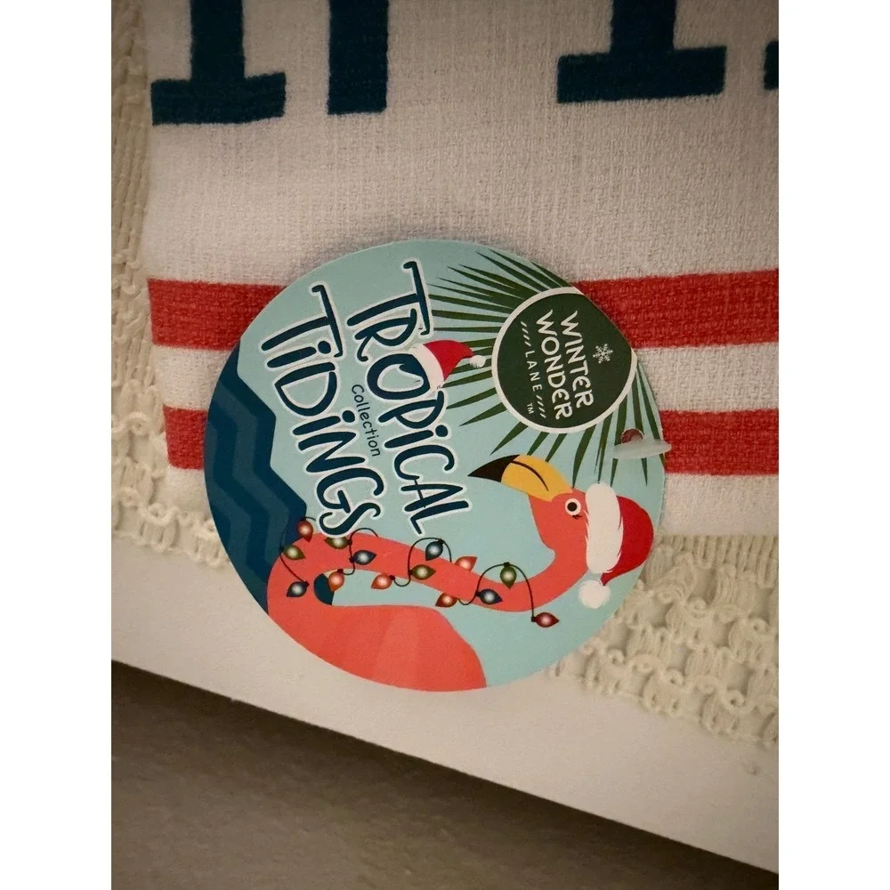 Tropical Tidings Kitchen Towel Let It Snow Flamingo Santa Hat Christmas Decor